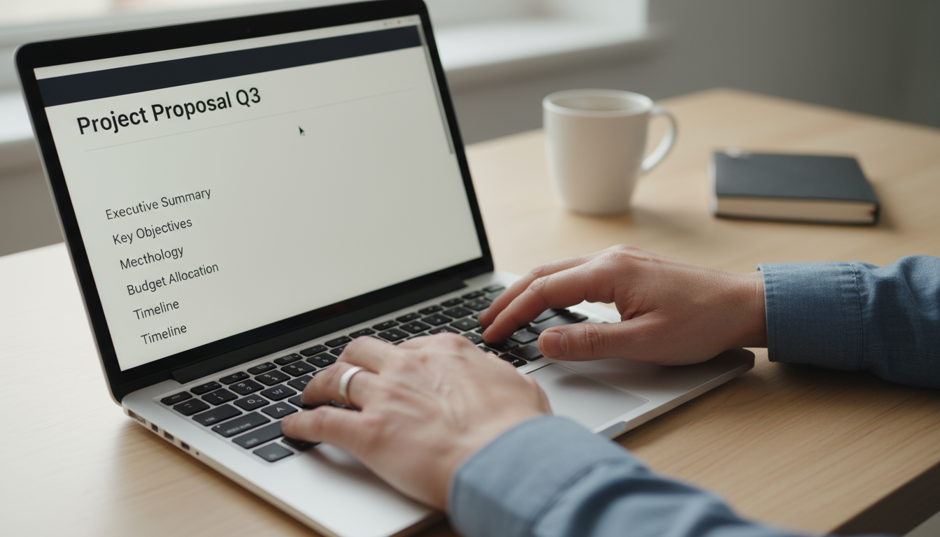 Close-up of a professional's hands over a laptop keyboard, showing a document on screen with a title and main headings prepared.