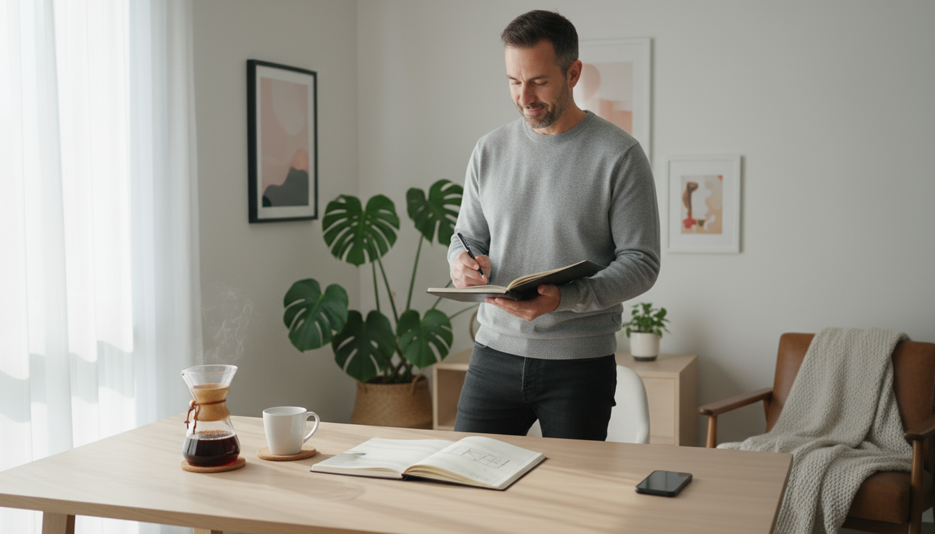 A man in his bright home office, holding a pen over an open notebook on his clean desk, with a coffee maker and a face-down phone nearby.