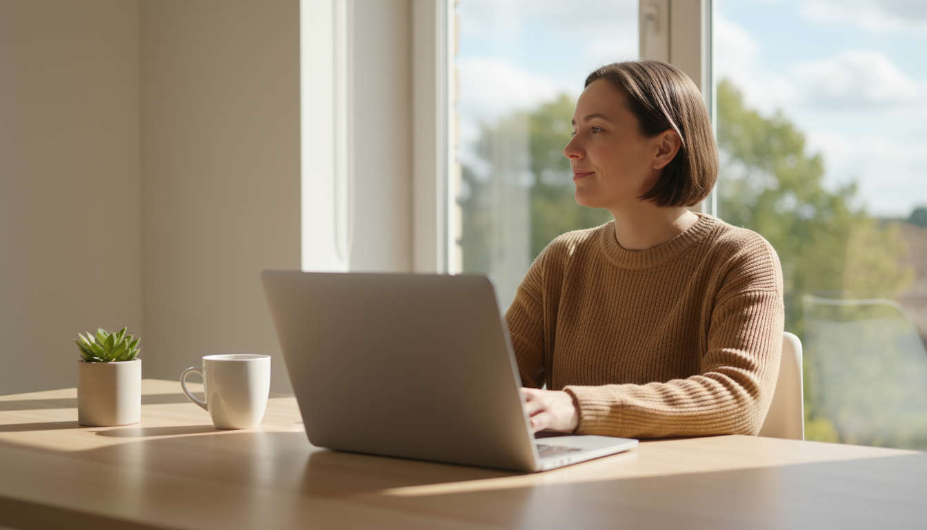 Maria, a professional woman, takes a short break from deep work in her well-lit home office, looking calmly out a window.