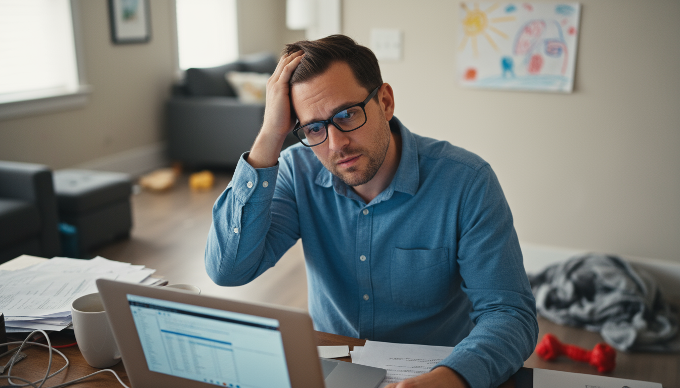 Overhead view of a hand holding a pen, having circled one key task in a spiral notebook filled with handwritten notes on a wooden desk, with a timer.