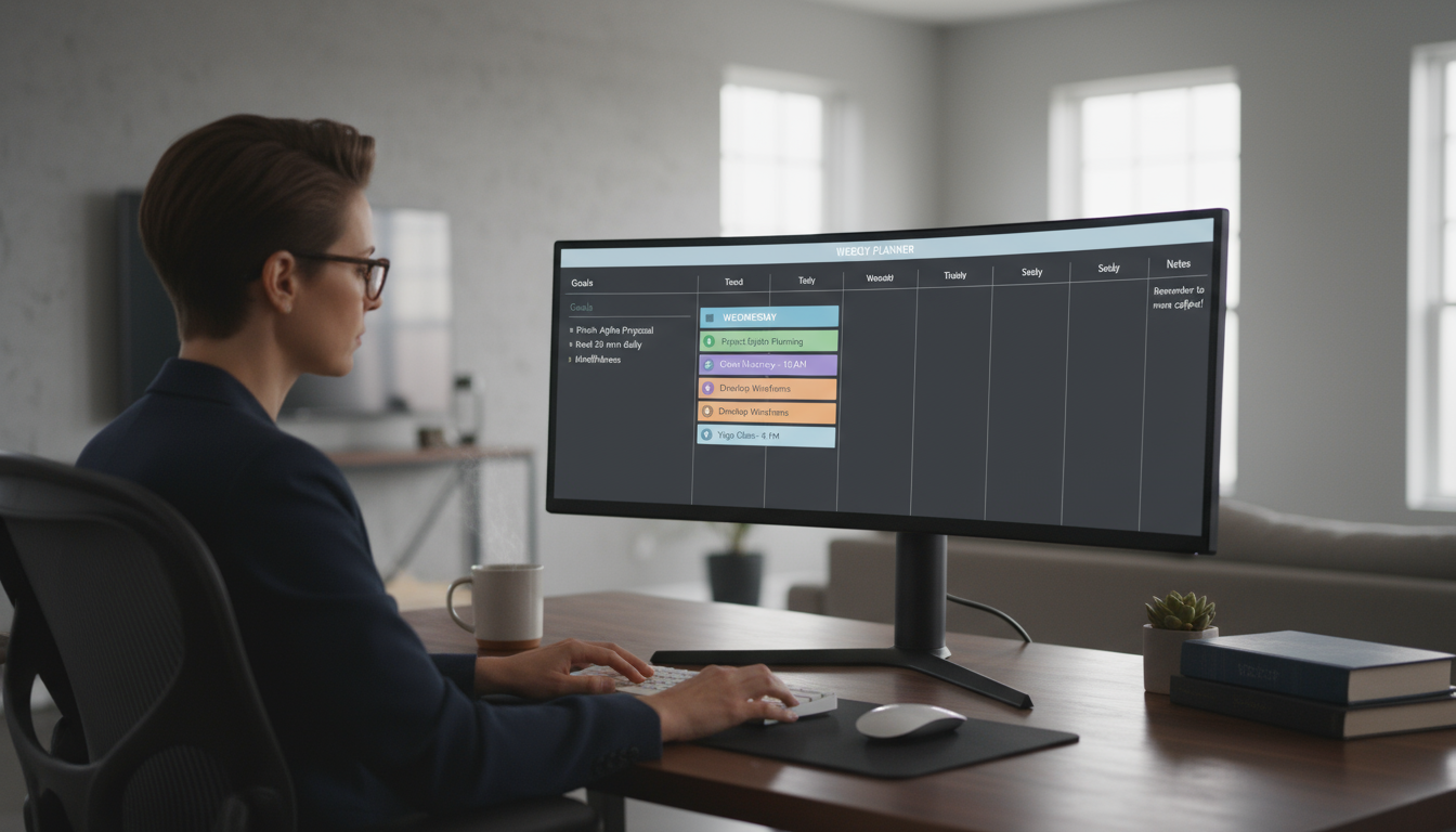 A knowledge worker intently analyzes a digital habit tracker showing an uneven but overall upward progress graph, poised to write in a notebook.