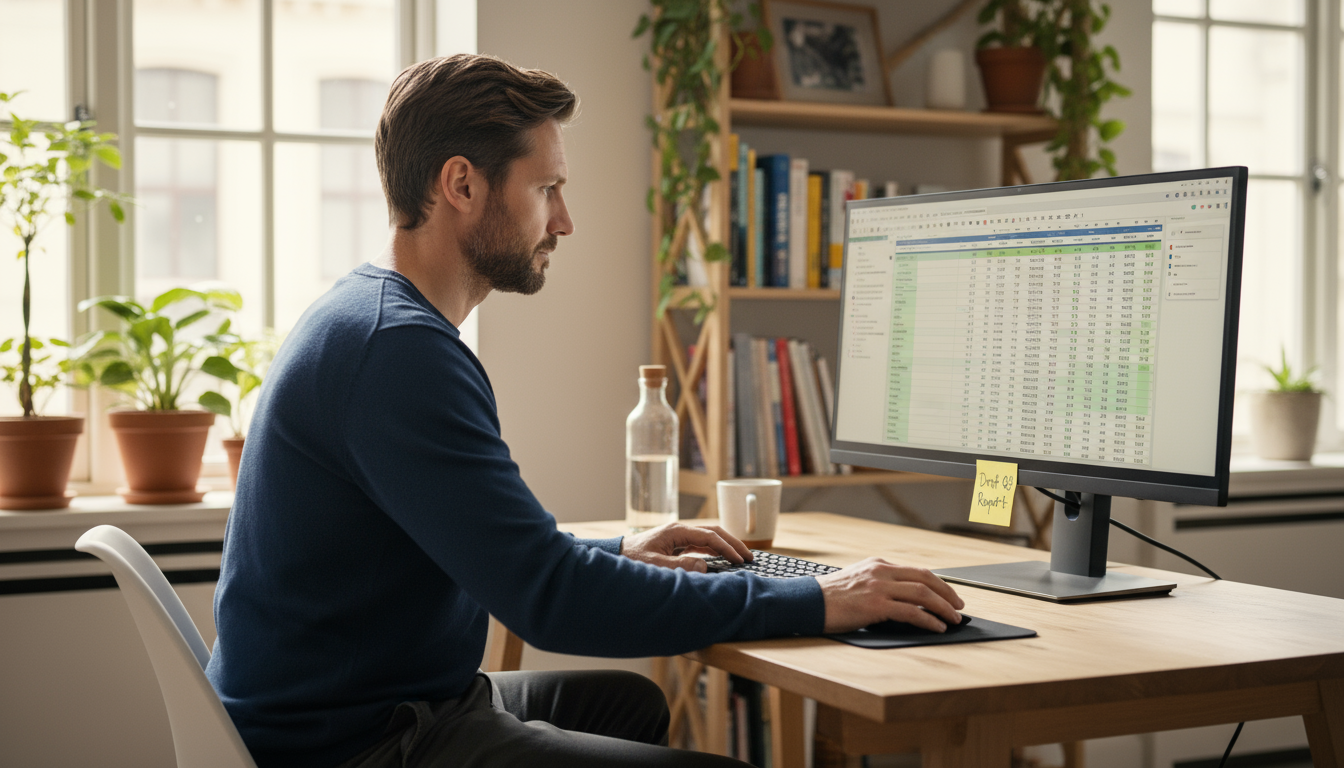 Close-up of a person's hands gently holding a steaming minimalist coffee mug at a clean modern desk, indicating a satisfying reward.