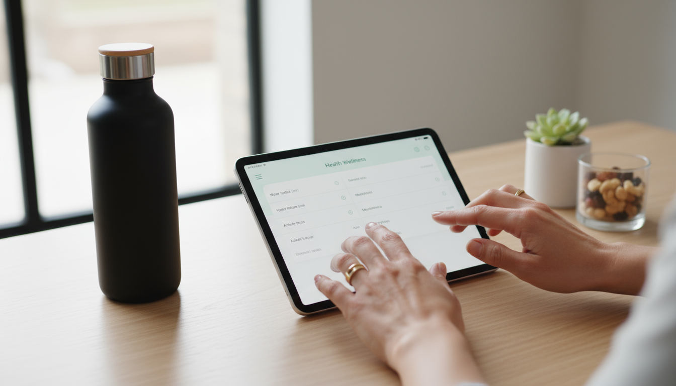 A gender-neutral person at an organized light-wood desk, thoughtfully reviewing a planner or digital tracker with a calm, analytical expression.