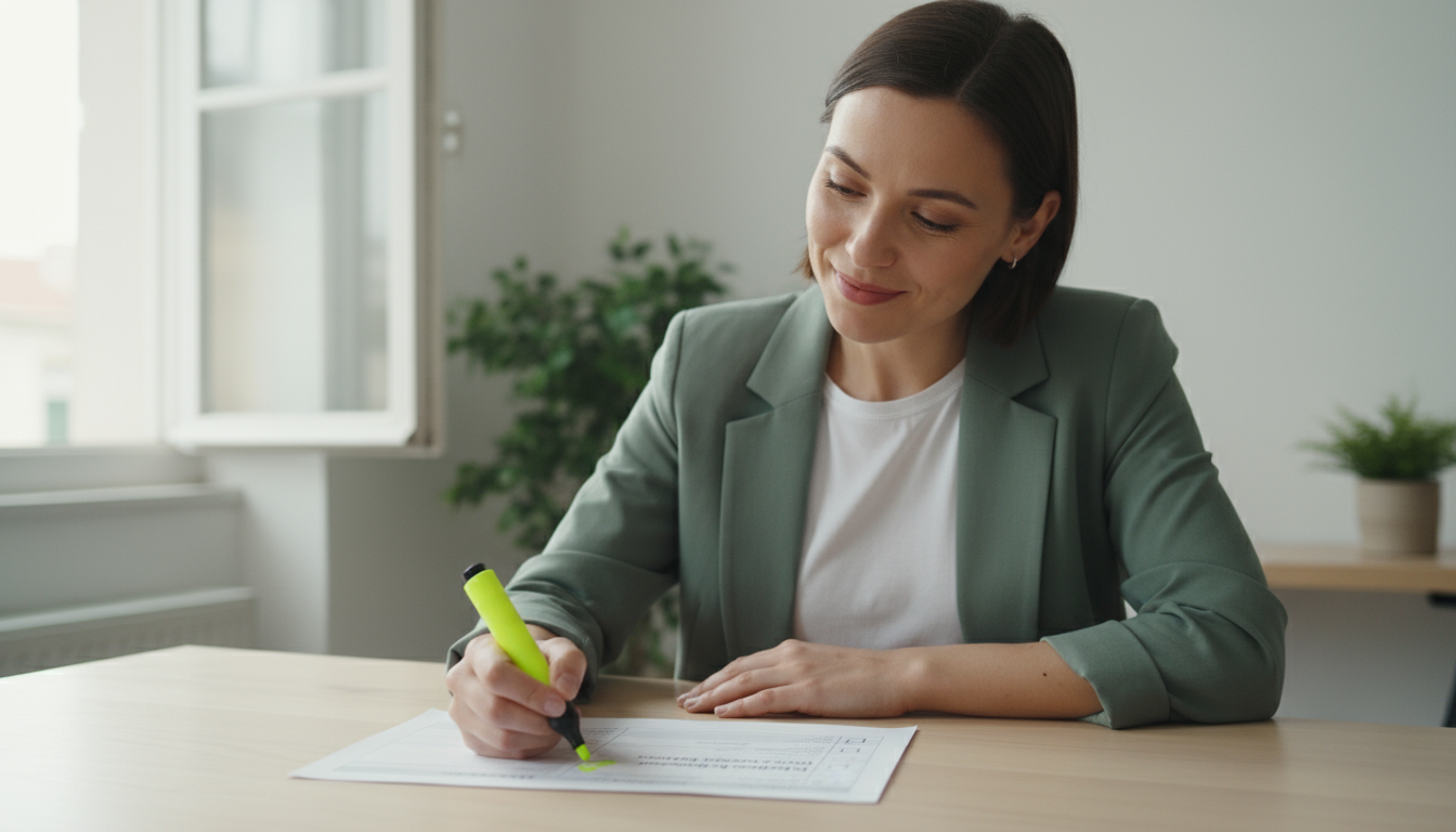 A professional in a modern living room contemplating an open planner, with subtle hints of family life in the background, bathed in soft light.