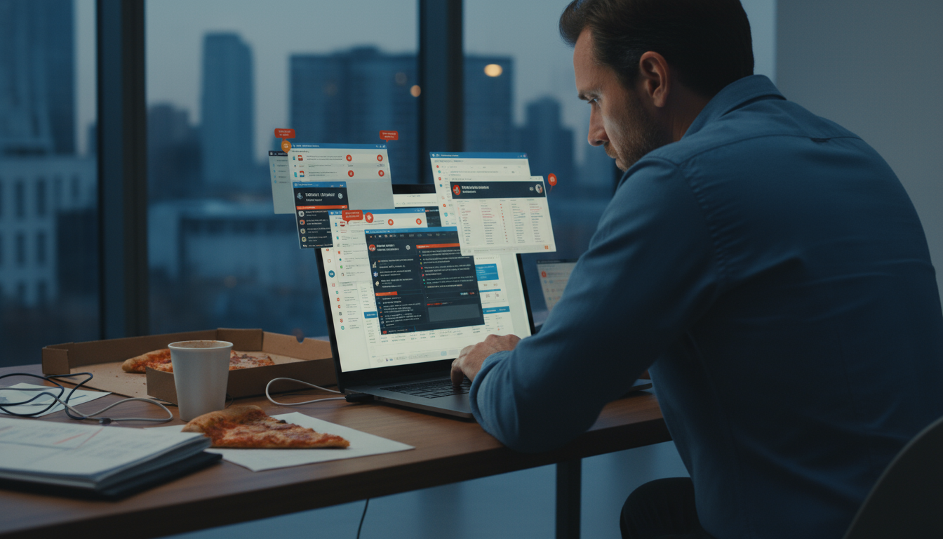 A minimalist wooden desk with a laptop showing focused work and a smartphone displaying a bright, distracting notification.