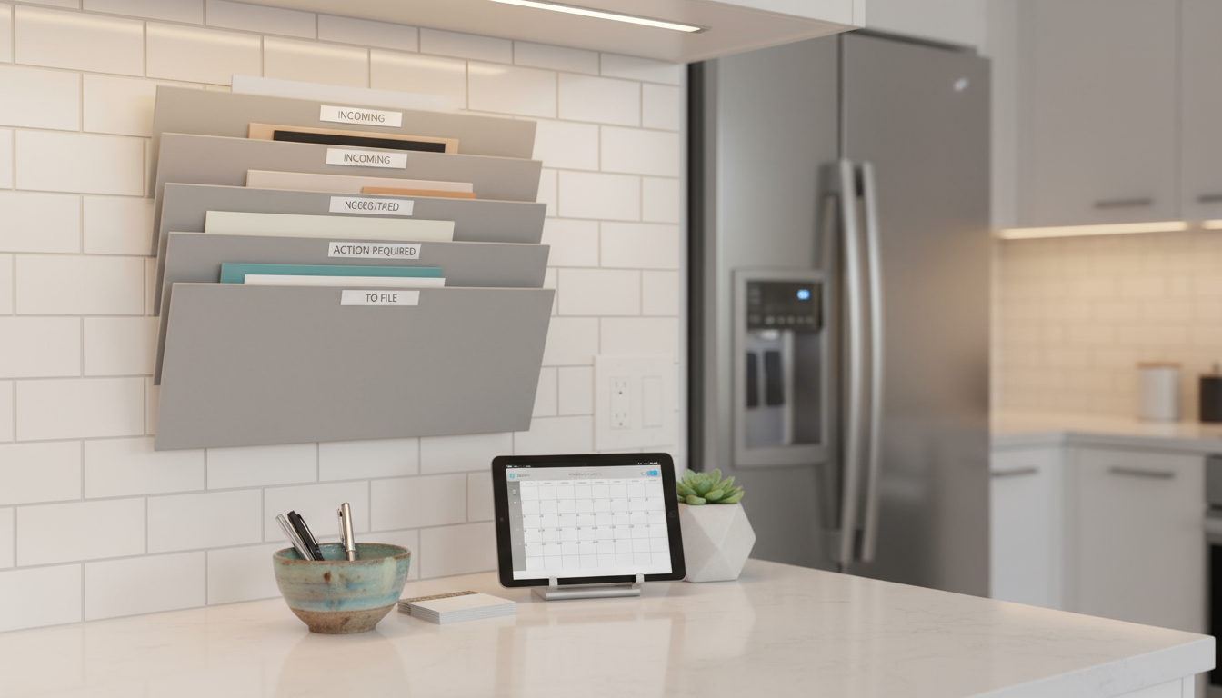 A thoughtfully designed home office desk with subtle visual friction from a small, slightly leaning stack of papers and a coiled charging cable.