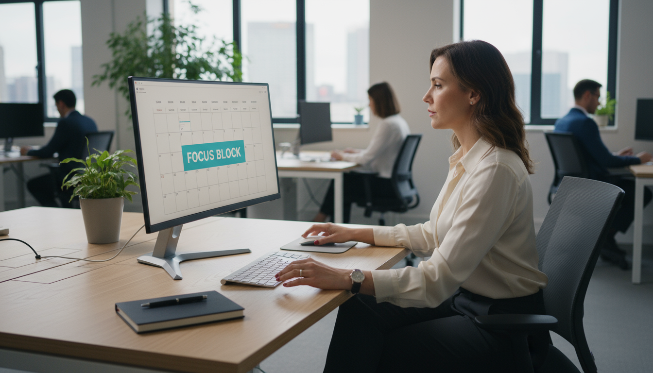 Close-up of a laptop screen displaying a time-blocked digital calendar with a 'Draft Slides' event, on a minimalist desk.