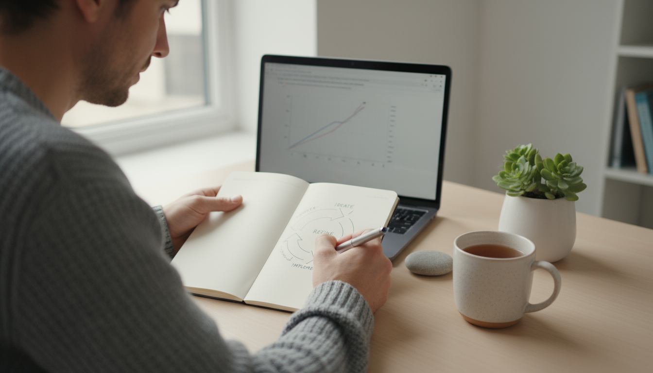 A hand calmly picks up a crumpled candy wrapper from a clean desk beside an open planner, symbolizing a fresh start.