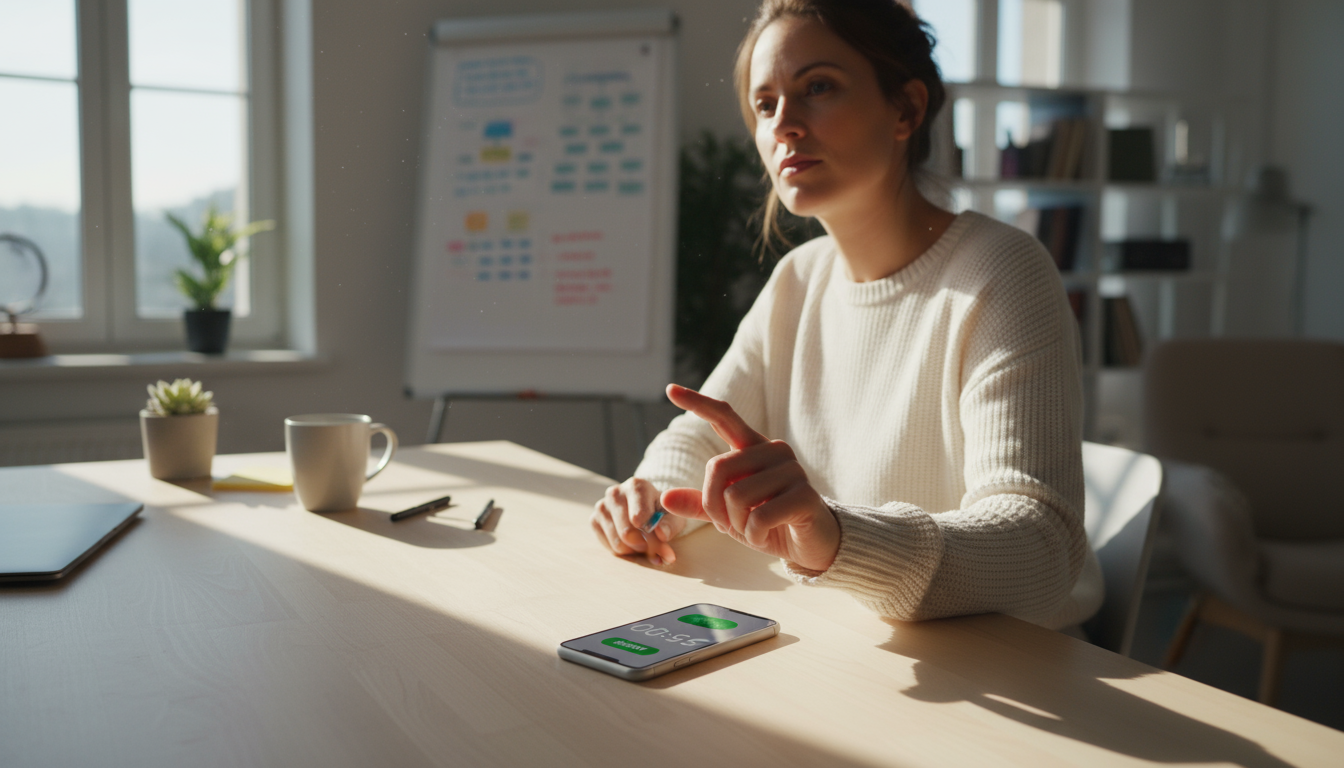 Overhead view of a woman's hands scanning meeting documents with a smartphone on a tidy desk, laptop displaying calendar.