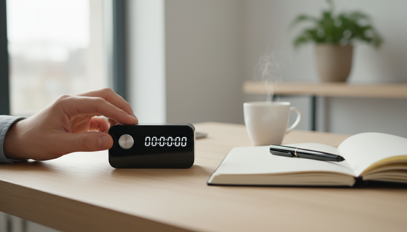 Overhead shot of a minimalist desk with a handwritten task on paper, a face-down smartphone, and a 10-minute timer, poised for focused work.