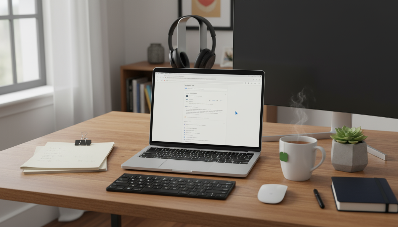 High-angle view of a professional's hand scheduling time blocks on a digital calendar on a laptop, set on a minimalist wooden desk.
