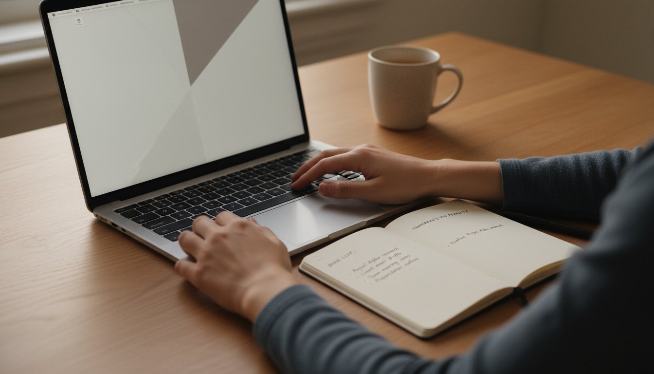 High-angle shot of a person at a cluttered desk, surrounded by a laptop with many tabs, a notification-filled phone, and scattered papers, looking men