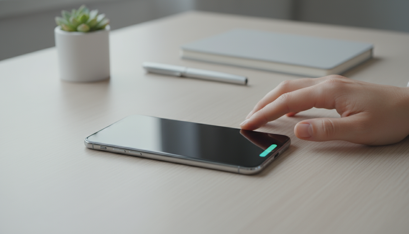 A hand holding a pen hovers over a minimalist habit tracker journal on a clean wooden desk, ready to mark the next day after a visible missed entry.