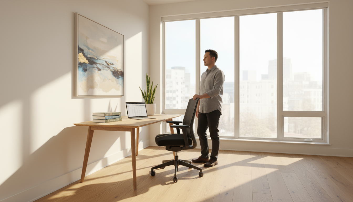 Over-the-shoulder view of a professional placing a smartphone face down next to a digital timer on a clean desk, preparing for deep work.