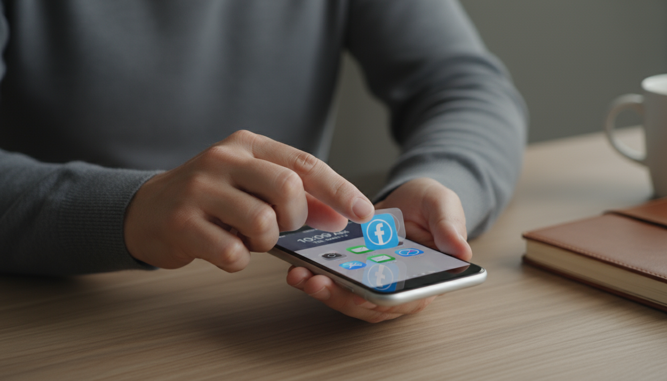 Hands placing a smartphone into a drawer, with a minimalist writing app open on a computer monitor in a clean, sunlit home office.