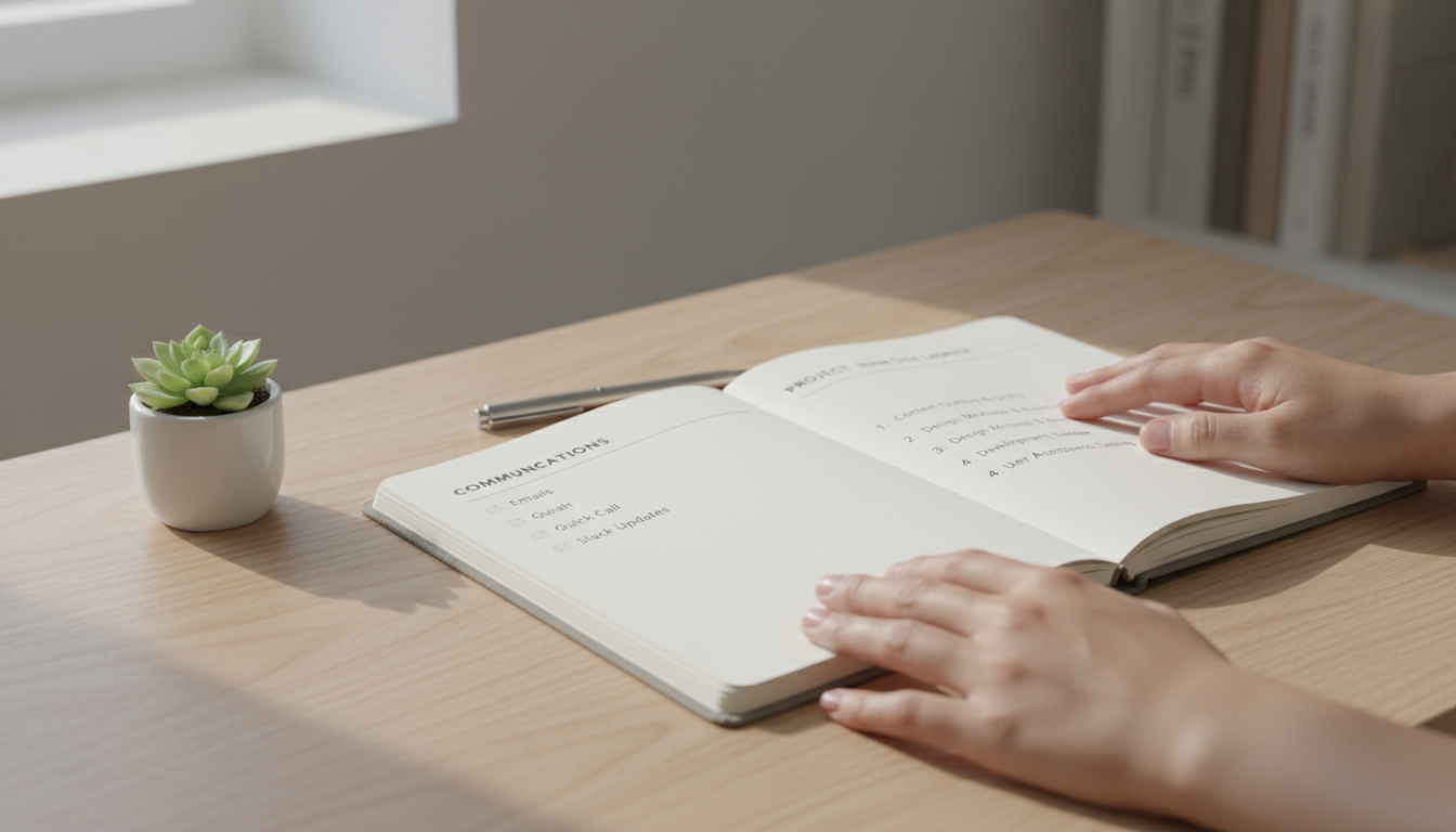 A person taking a mental break at a clean, sunlit home office desk, looking out a window with a relaxed expression.