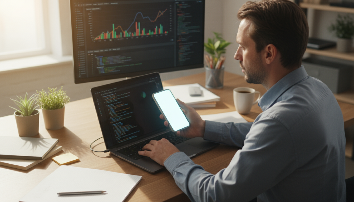 A focused knowledge worker at a clean, minimalist desk, deeply engaged in a single task on a monitor, embodying a flow state.