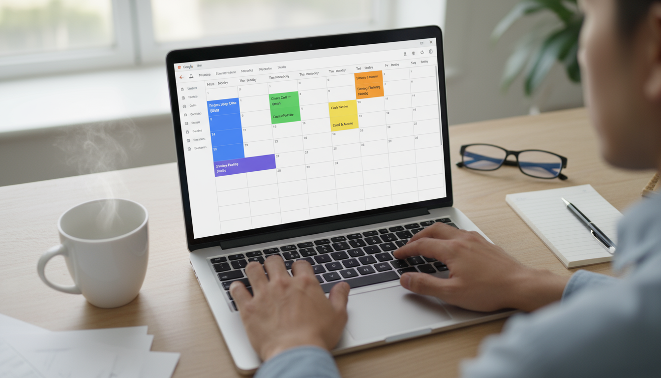 A professional intently reviewing a digital calendar on a laptop at a sunlit, minimalist wooden desk, with a small plant and empty document tray.