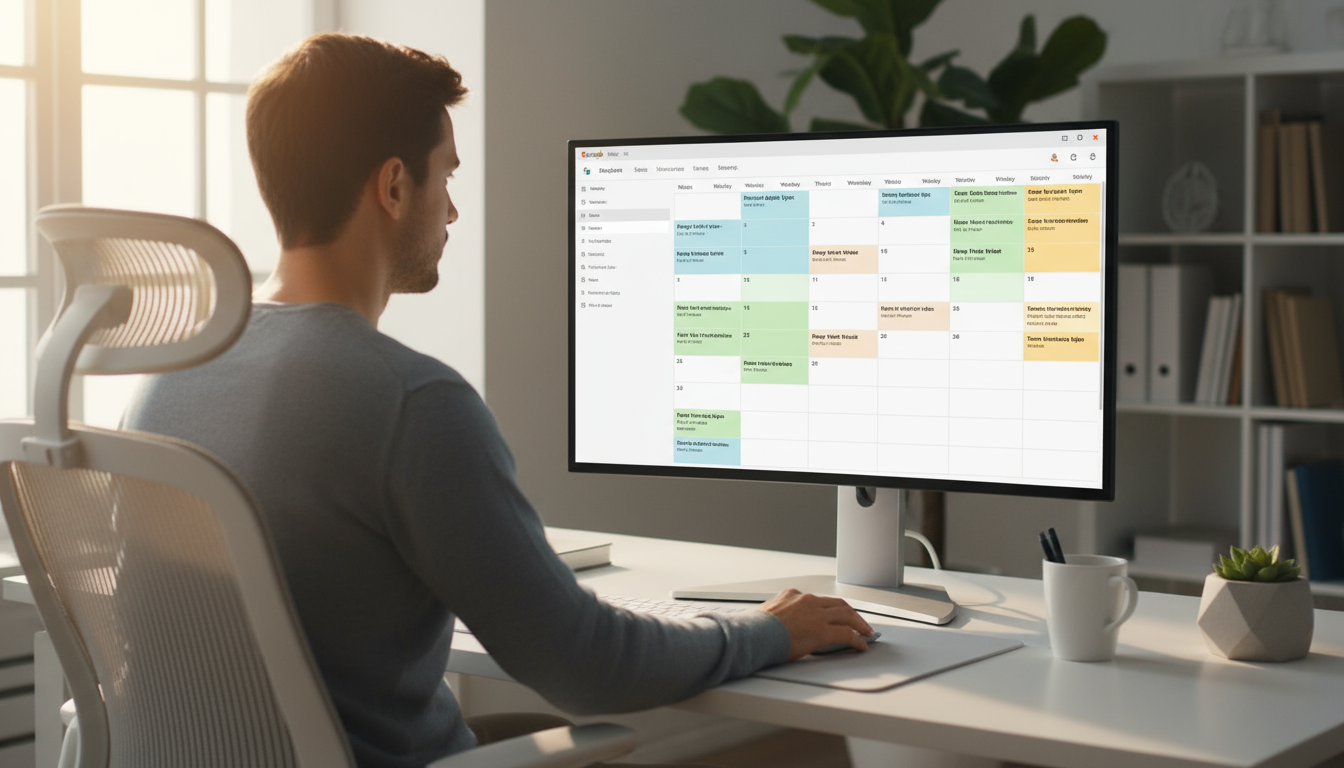 A worker at a clean office desk makes a note in a physical planner, subtly acknowledging a colleague who is just entering their workspace.