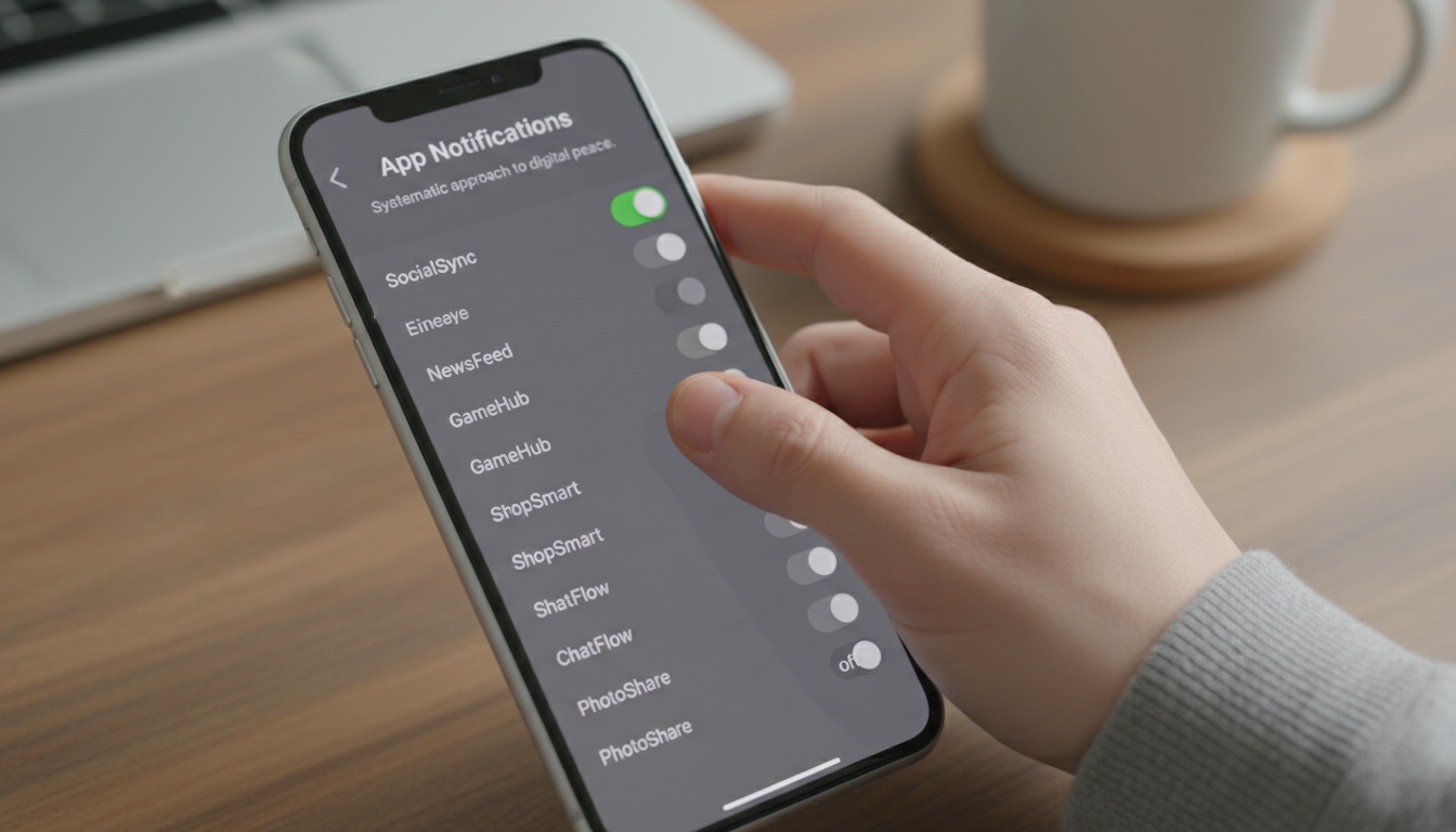 A person's hand hovers over a glowing smartphone on a minimalist desk, distracted from their laptop by an unseen notification.