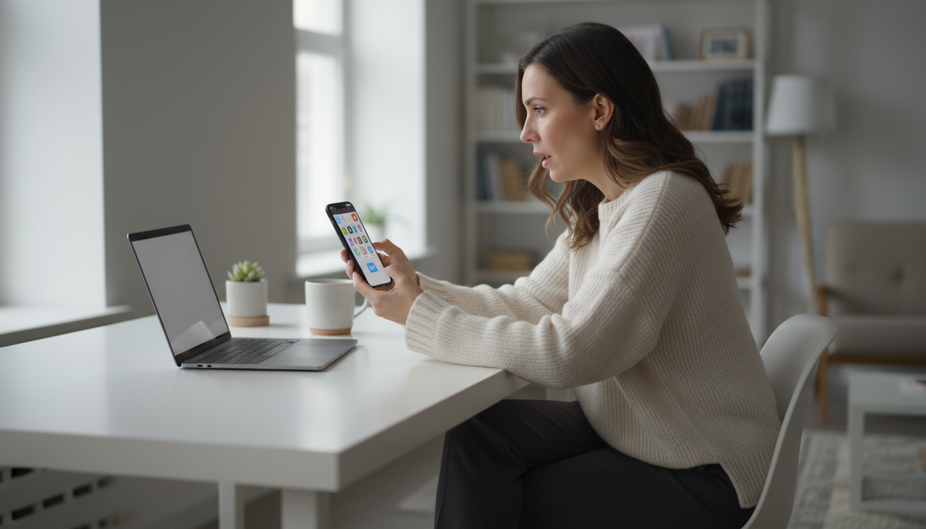 A woman's thumb hovers over an email app icon on her smartphone at a sunlit desk, showing a subtle, almost involuntary compulsion to check her inbox.