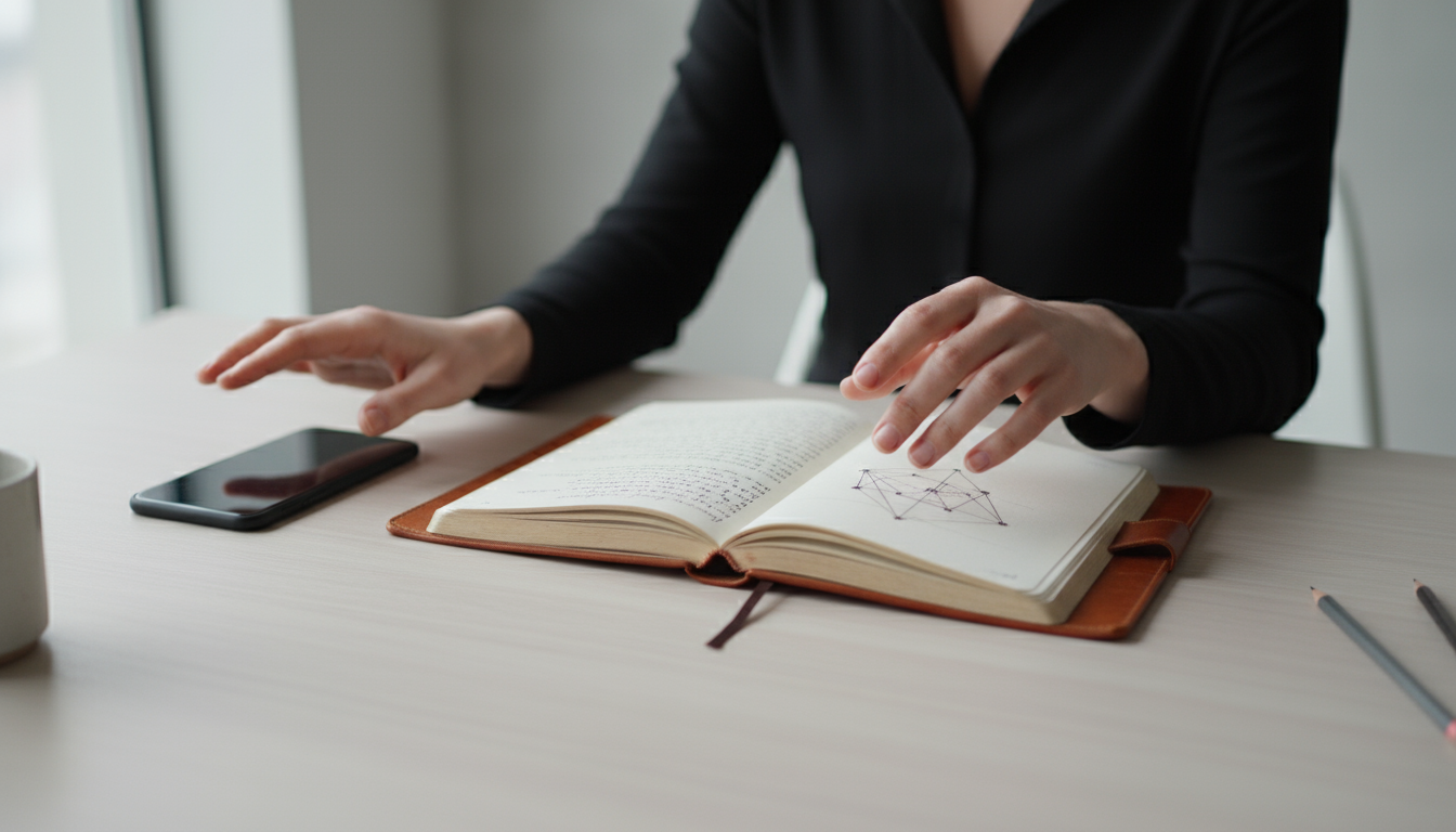 A minimalist desk with an open notebook and research book placed on a laptop, a smartphone hidden in a partially open drawer.