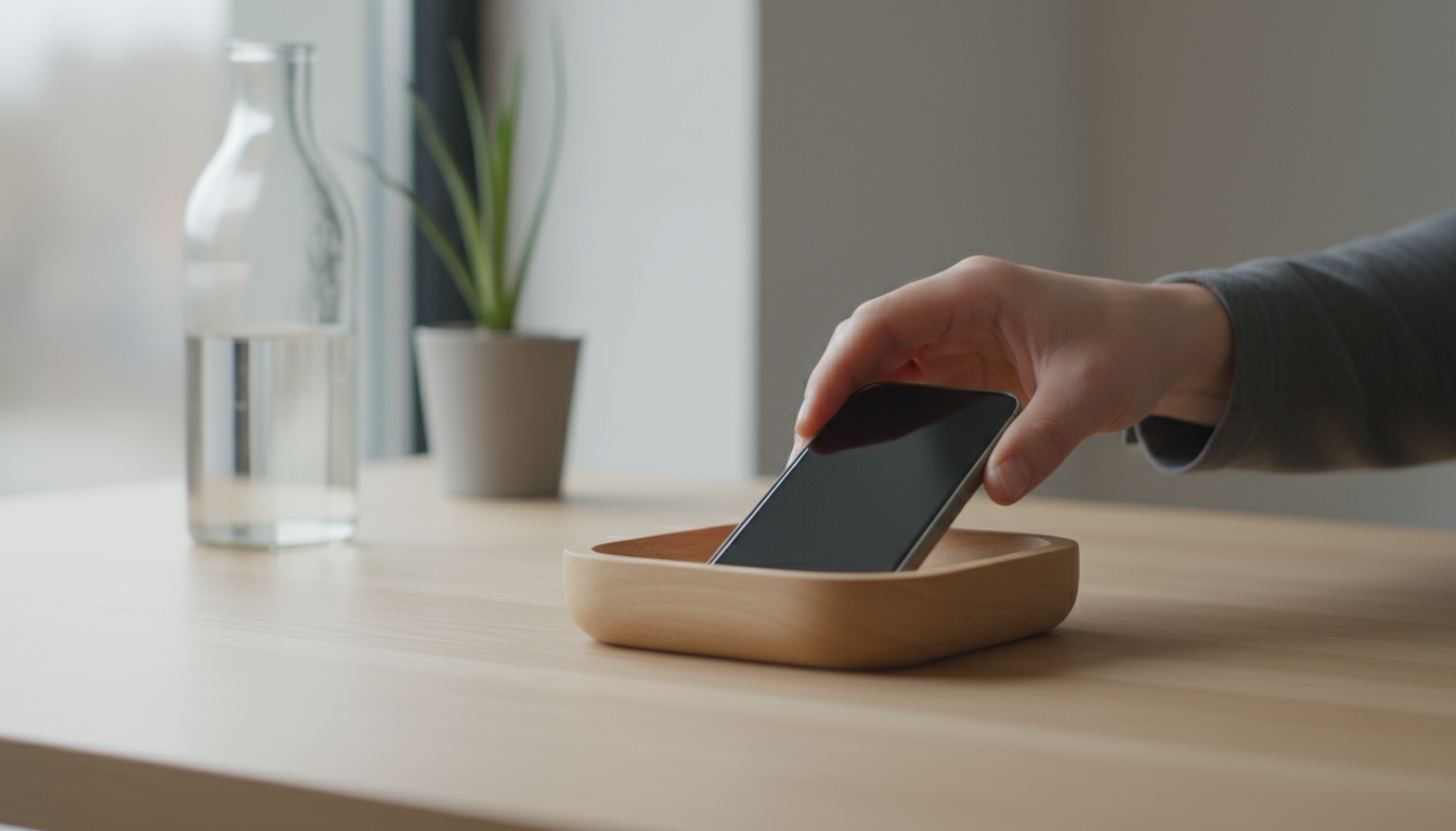 A person's hand gently closes a laptop on a tidy desk, marking the end of the workday with a digital wind-down routine.