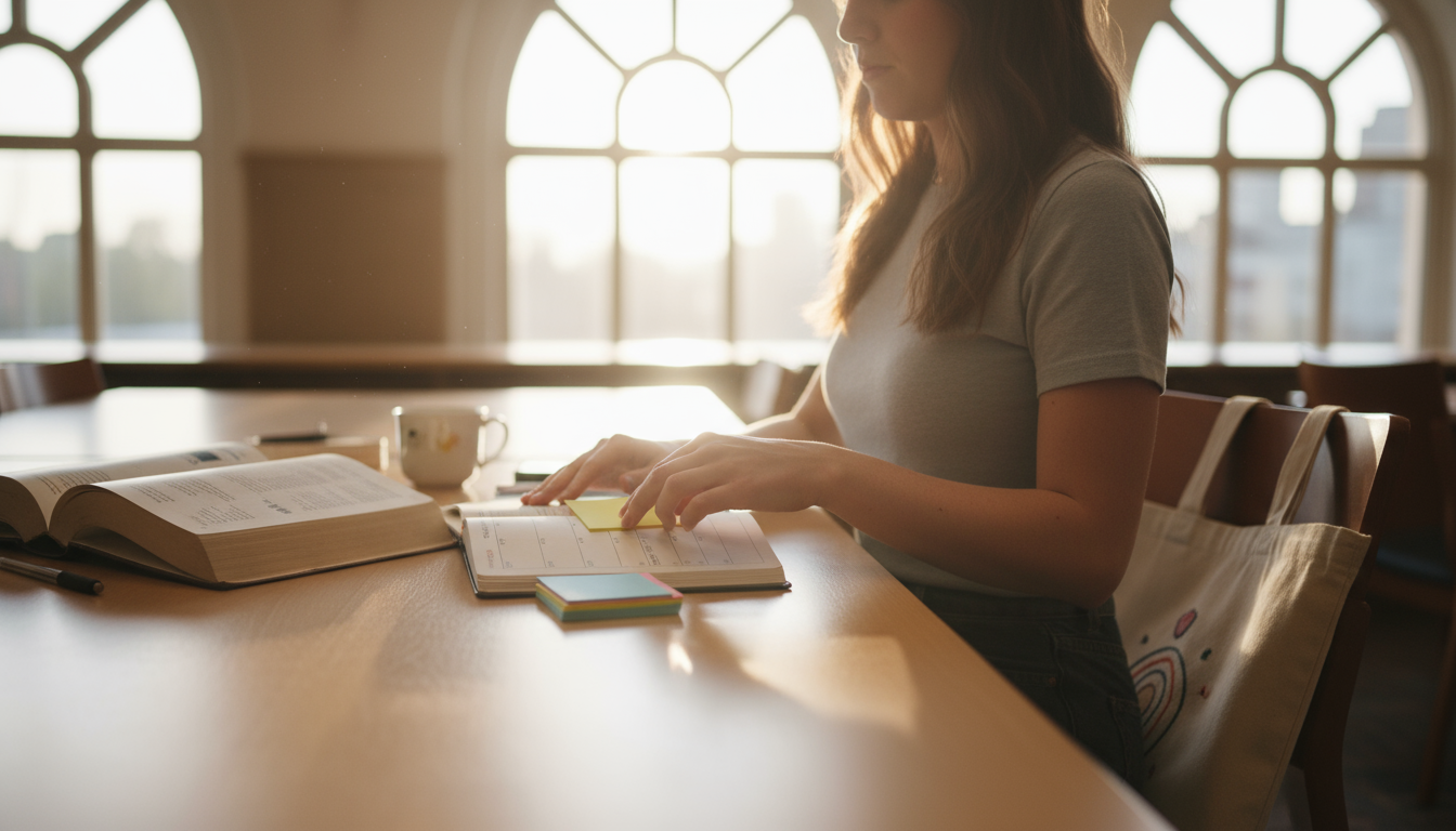 A professional's hands zipping a minimalist laptop bag on a clear office desk, beside an open notebook in soft late afternoon light.