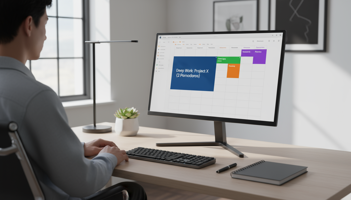 A low-angle shot of a minimalist, sunlit desk with a laptop showing a clean work browser and a hand on a mouse.