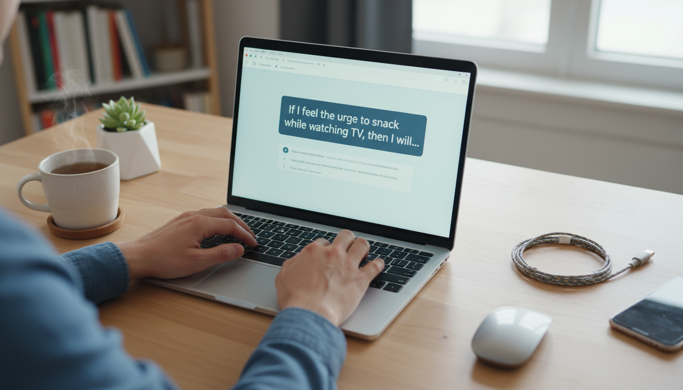 A smartphone is plugged into a charger on a minimalist kitchen counter, seen from a low angle looking across a living room sofa with warm evening ligh