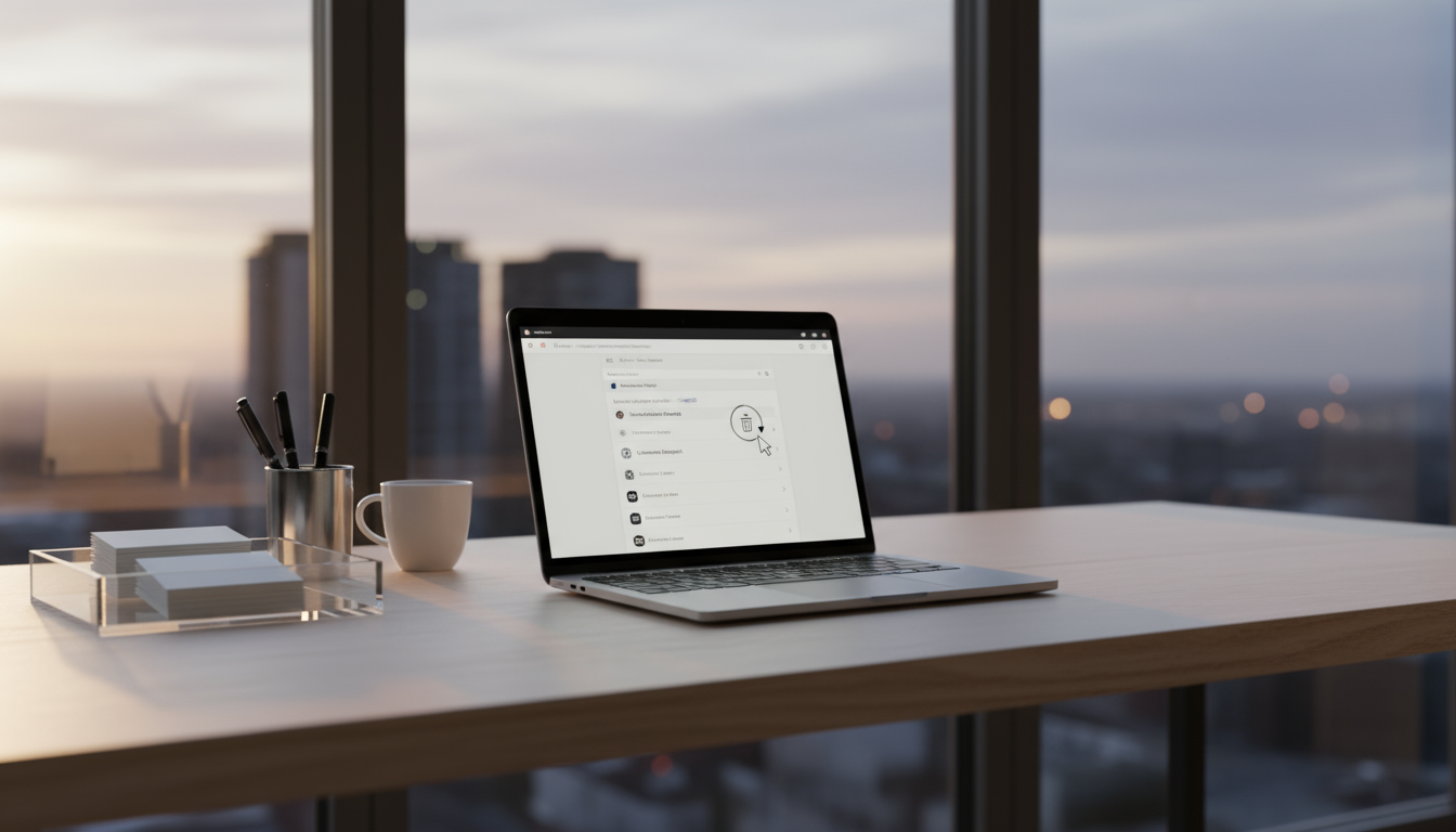 Minimalist desk at dusk with a laptop showing email triage, physical mail in a tray, and a hand resting thoughtfully during a review.