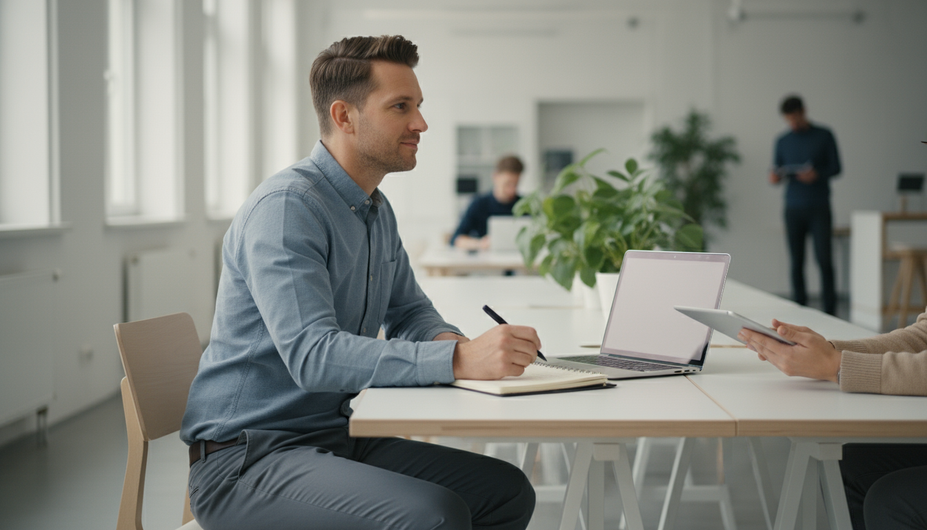 Maria, a professional woman, meticulously schedules her week on her digital calendar, highlighting green blocks for 'Strategy Deck Deep Work' on Monda