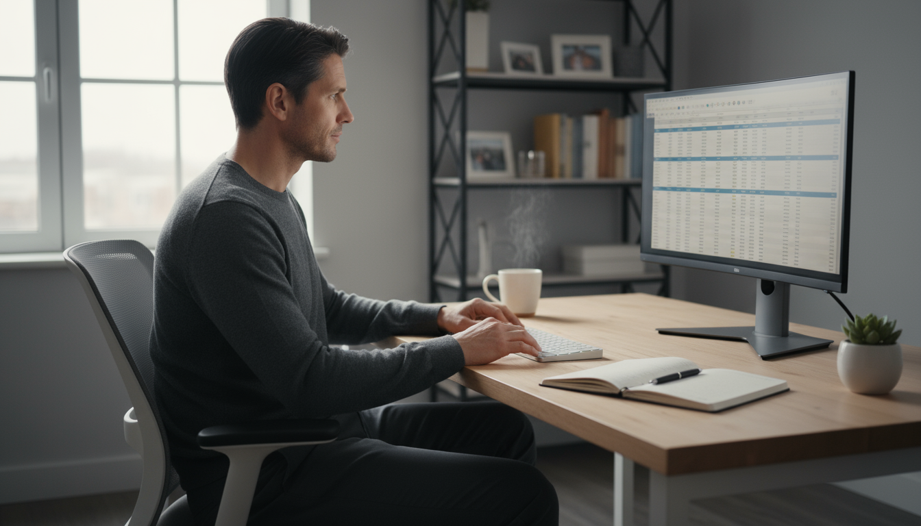 Mid-30s professional gently stretching in a bright, minimalist home office, taking a purposeful break from their computer. Tidy desk with a plant.