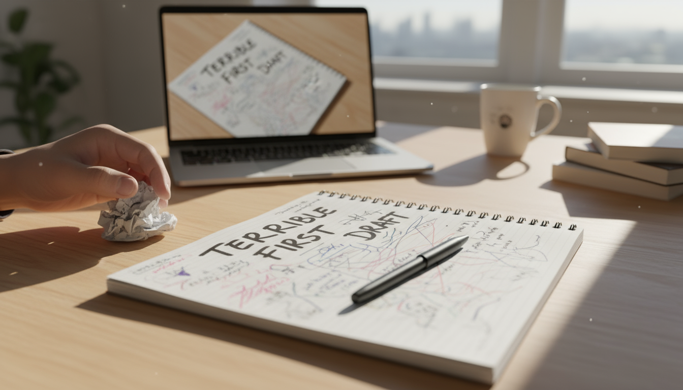 A person stands with their back mostly to a blurred home office desk, holding a mug and looking out a window at green trees, taking a quiet, strategic