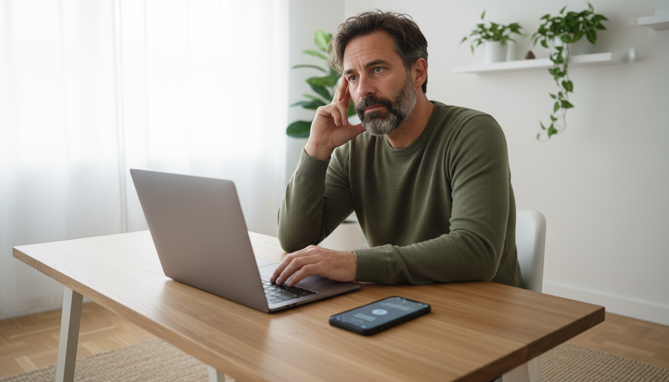 A professional puts on noise-canceling headphones at a home desk, their face focused, with a blurred background suggesting a busy home.