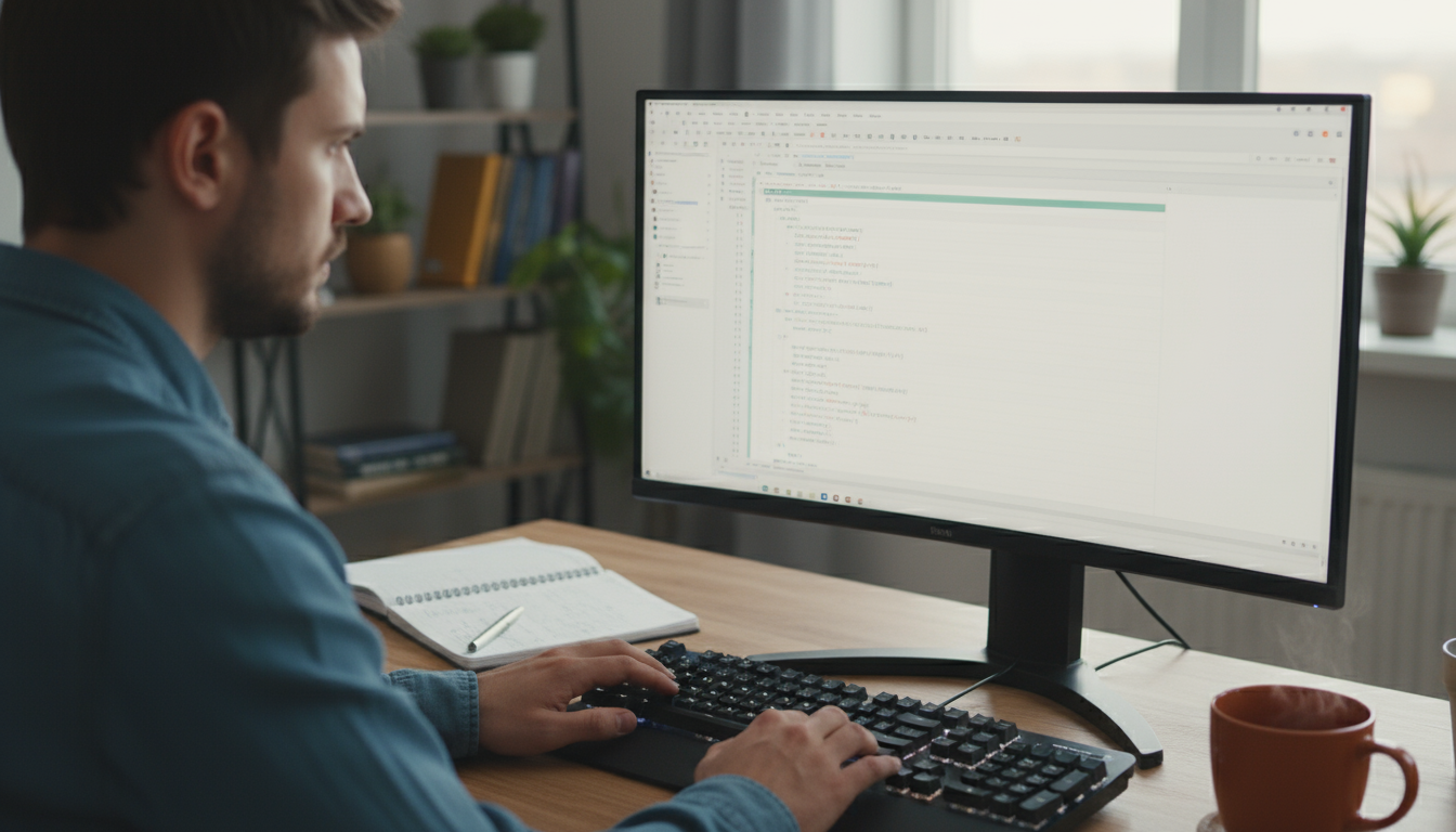 Open minimalist notebook on a light wood desk, displaying hand-written personal OKR progress like '3/12 complete' and '22.5/100 logged' with a pen.