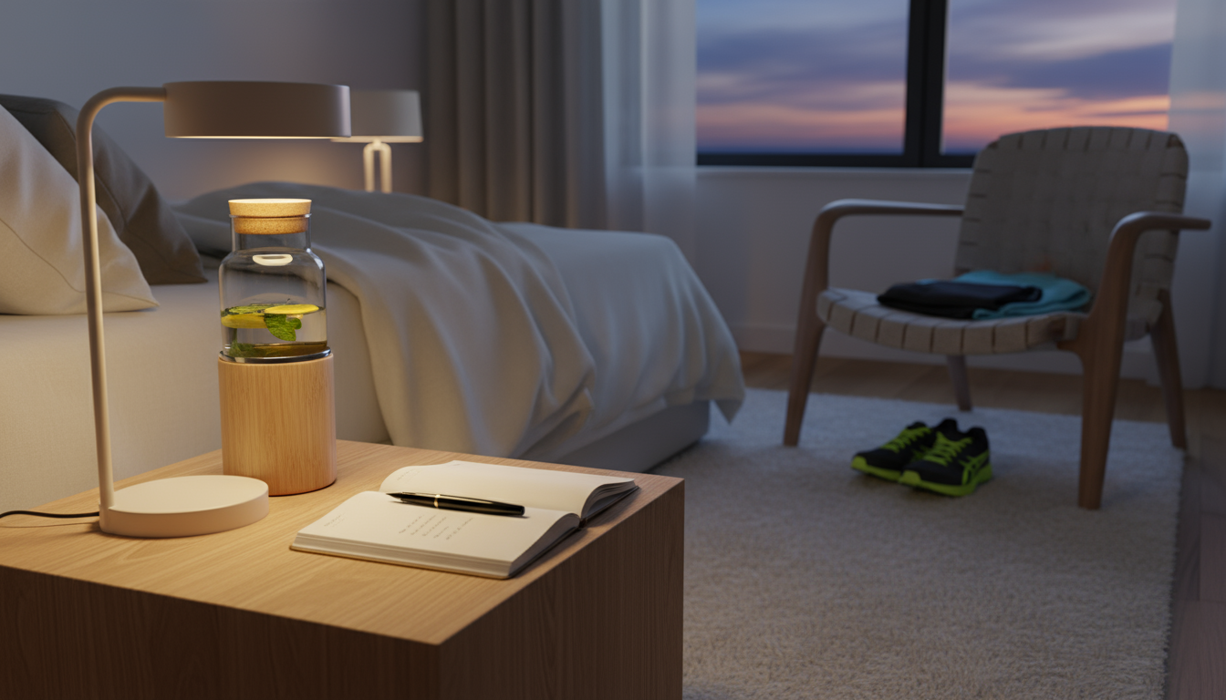 A calm woman in soft sleepwear reaches for a book on her minimalist bedside table, her phone placed face-down.