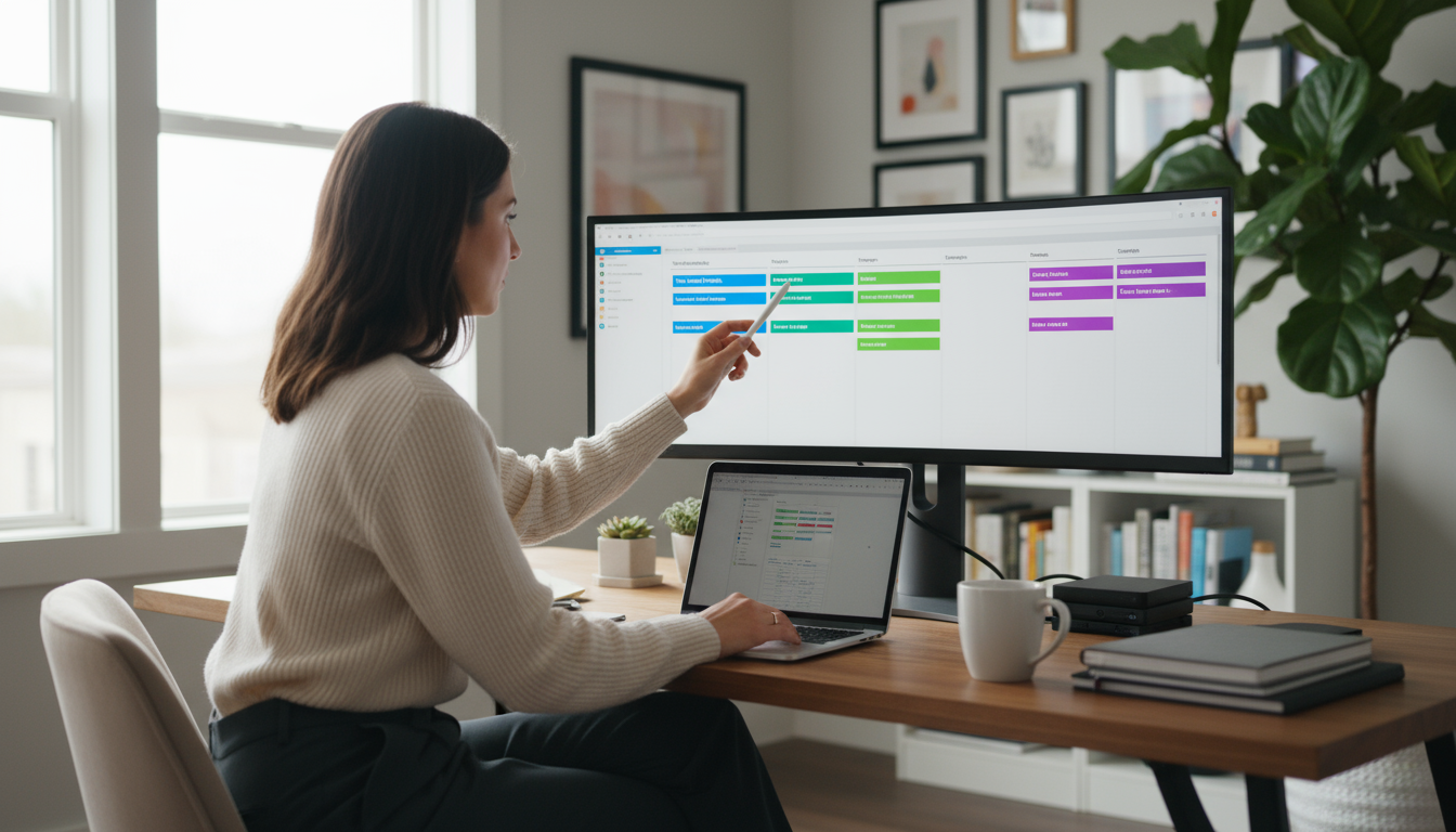 A professional's hand moving a yellow sticky note from the 'In Progress' column to a red-labeled 'Blocked' column on a whiteboard Kanban board.