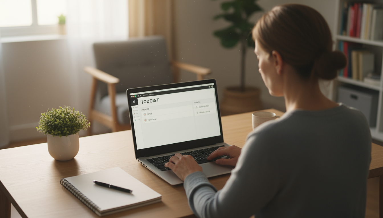 Professional (30s) intently customizing a complex Notion dashboard on a large monitor in a minimalist, naturally lit workspace.