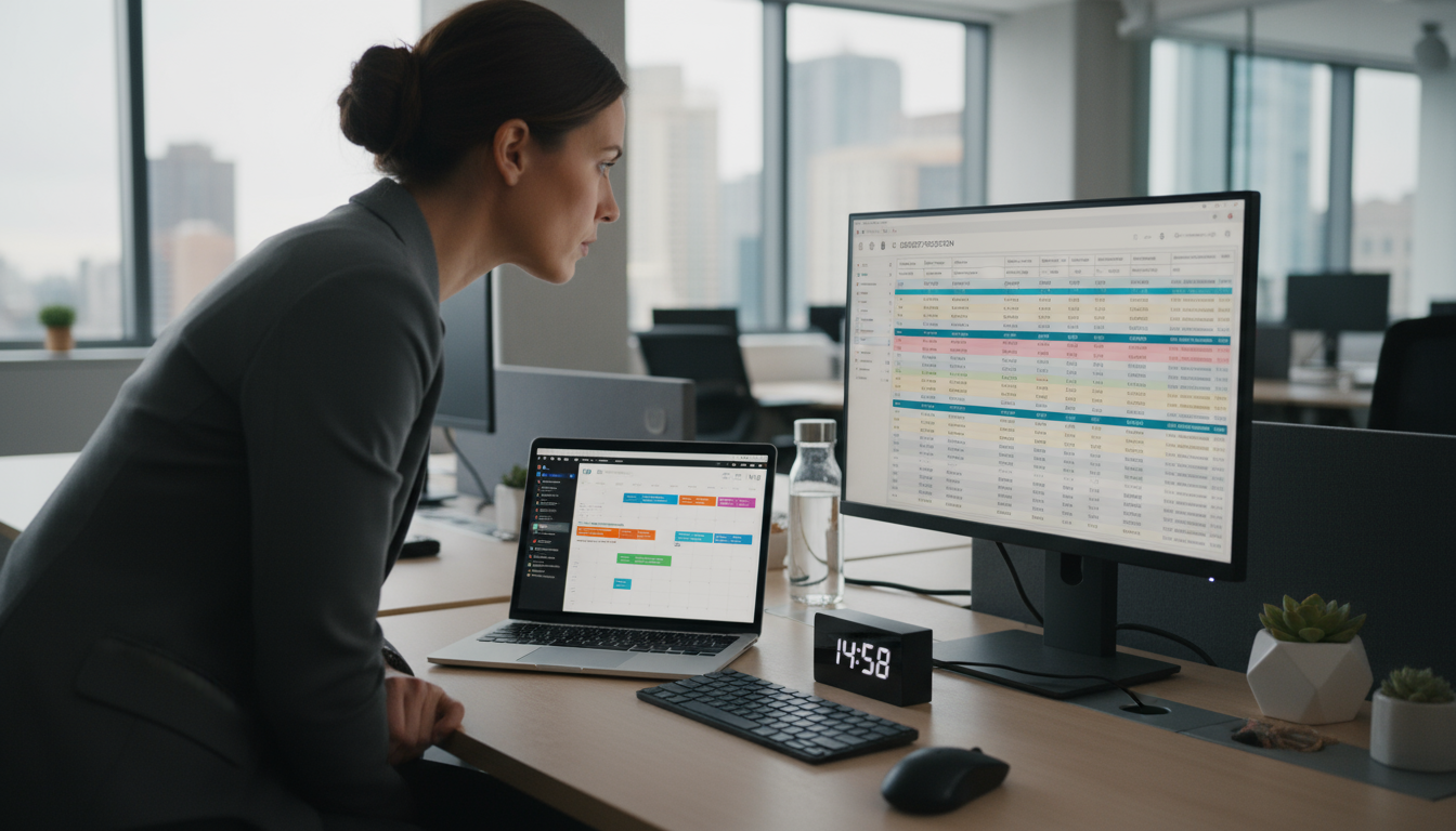 A knowledge worker thoughtfully reviews and plans tasks in a sleek weekly planner on an organized wooden desk.