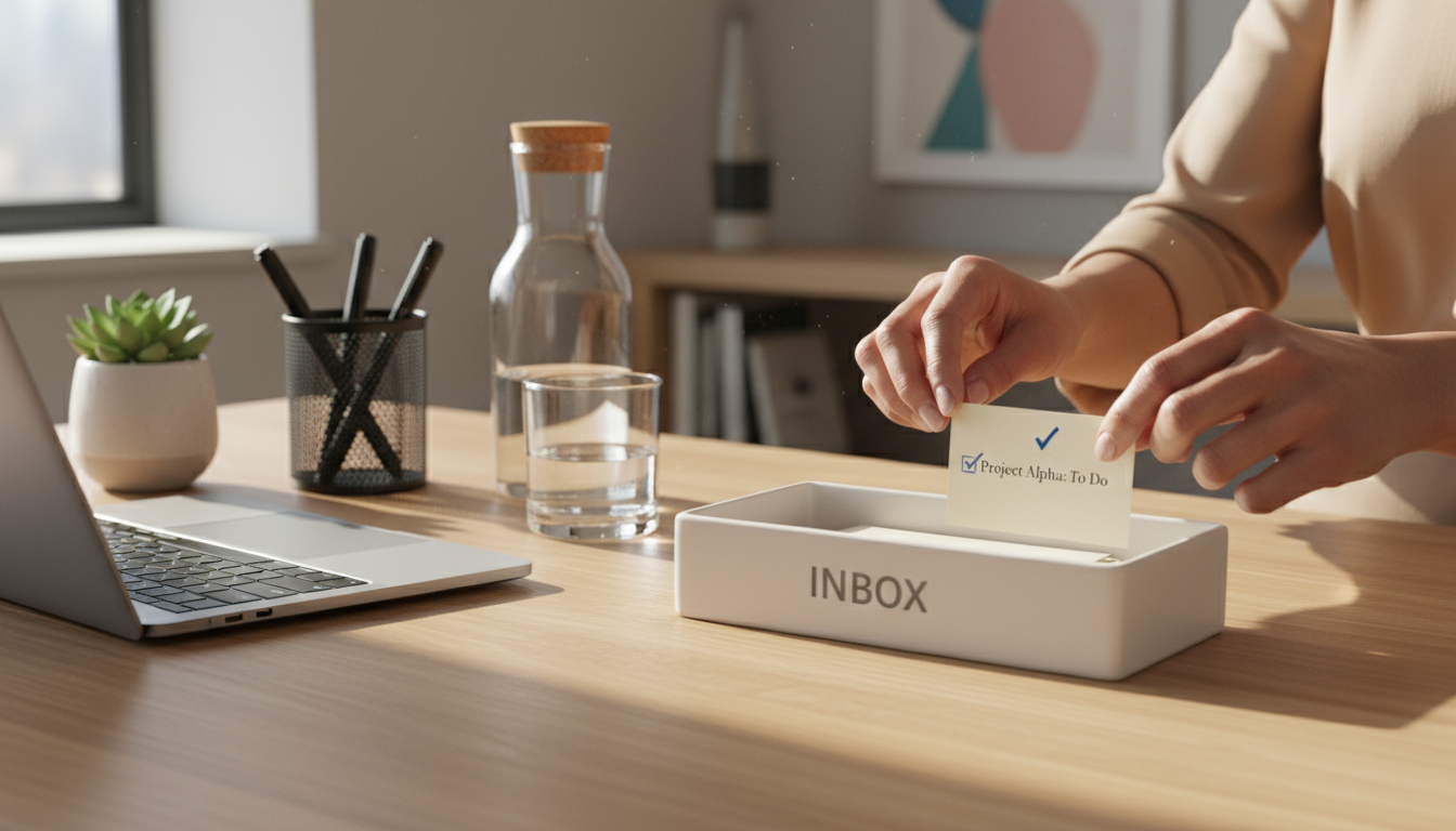 Close-up of a desk corner with a small trash can, key tray with essentials, and cleaning wipes, all within easy reach.