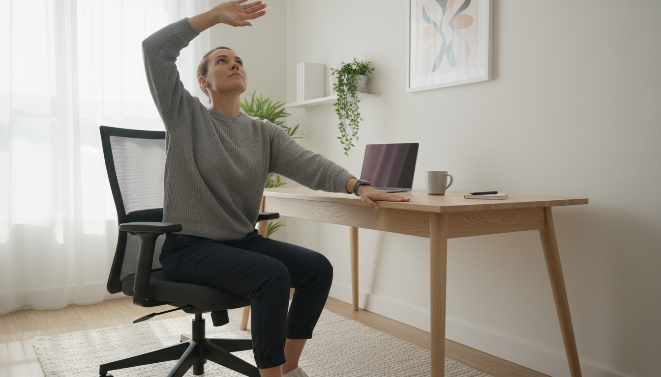 A person looks up from their smartphone with a resolved expression, a 'dumb phone' and steaming mug on the table in a sunlit home.