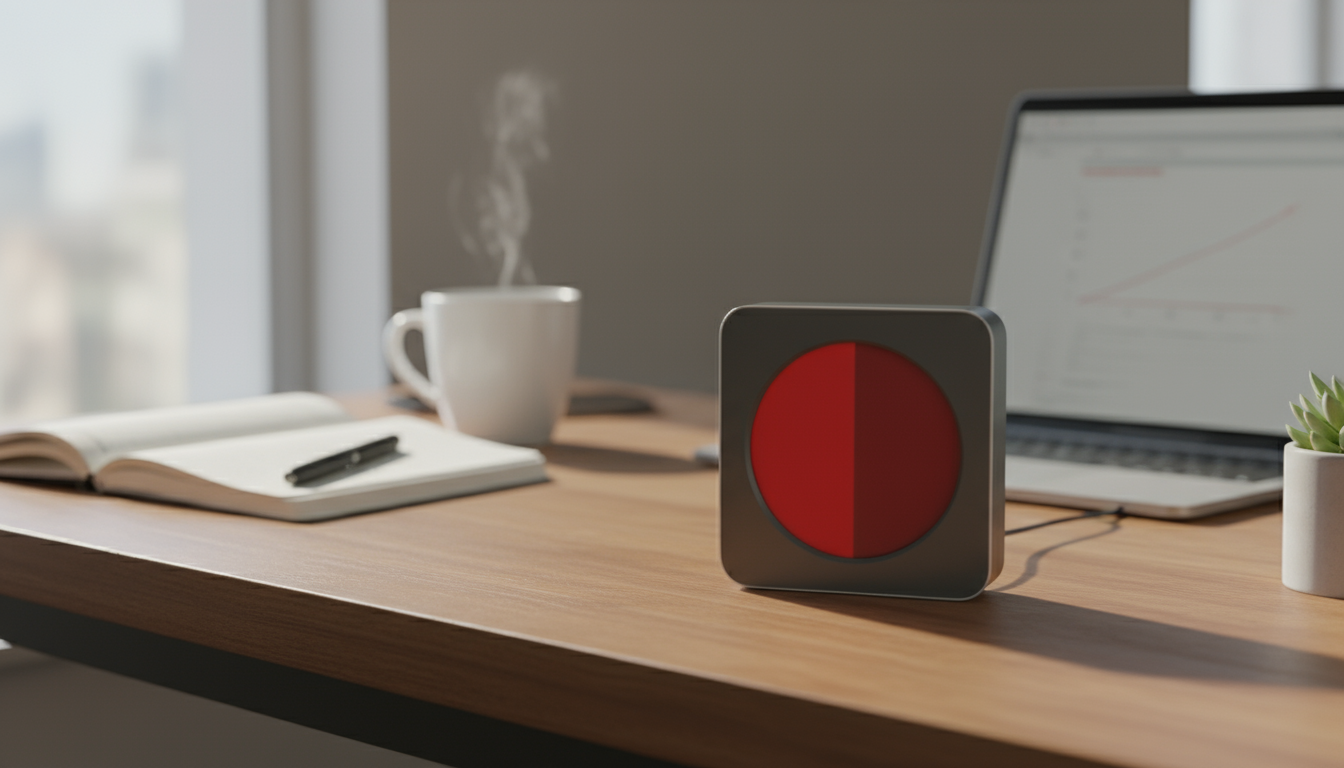 A minimalist visual timer with a red disc actively counting down, sitting on a natural wood desk, with a blurred laptop and hand in the background.