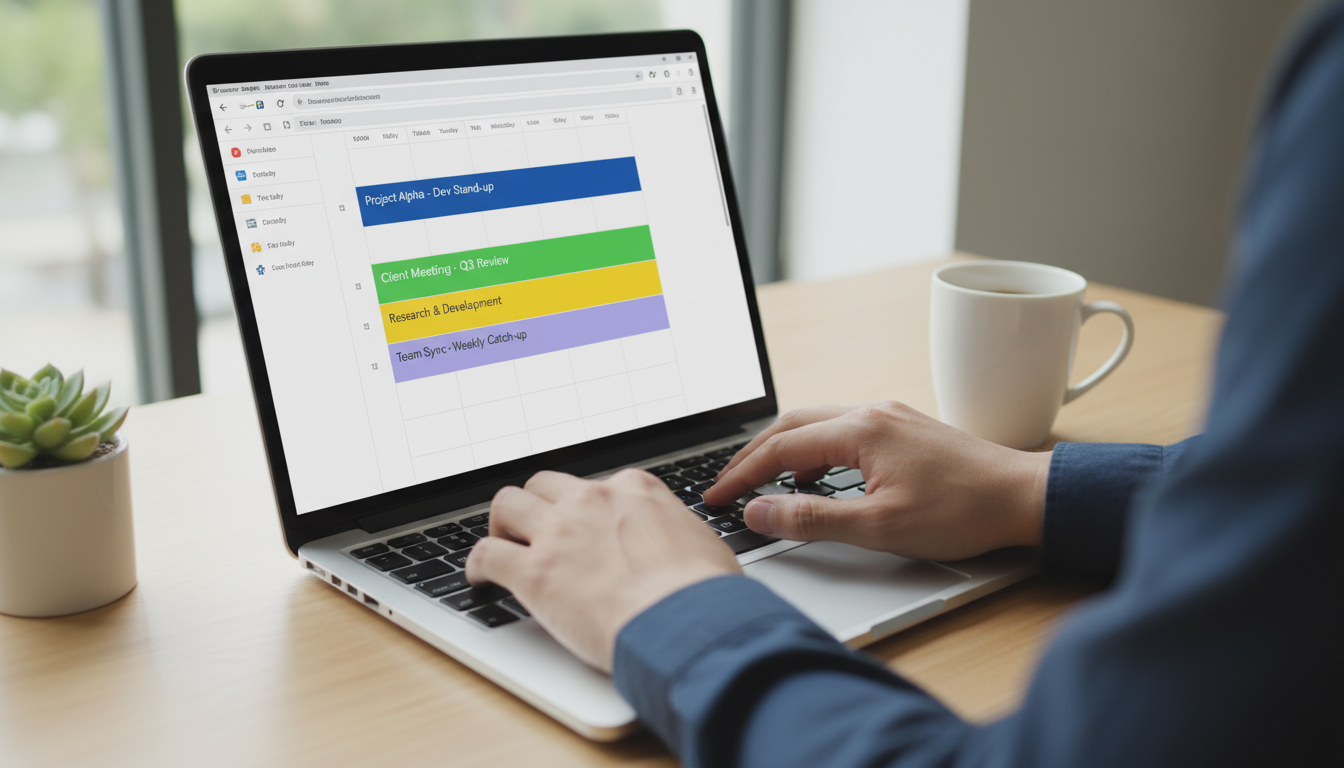 Hands interacting with a laptop on an organized home desk; screen shows Gmail with Todoist plugin active, capturing a new task. Soft natural light.