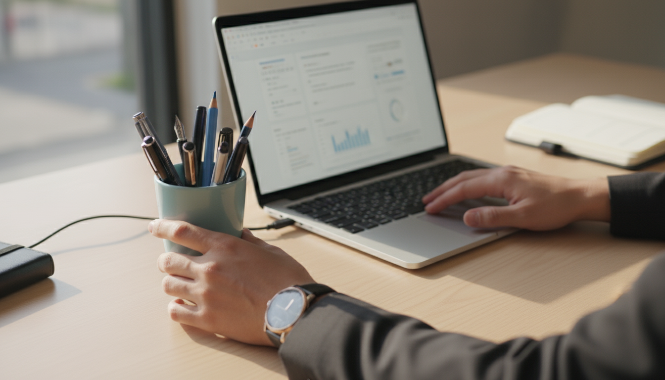 A person's hands actively clear a workspace. One hand moves a pen holder, the other closes a browser tab on a laptop. Phone face down.