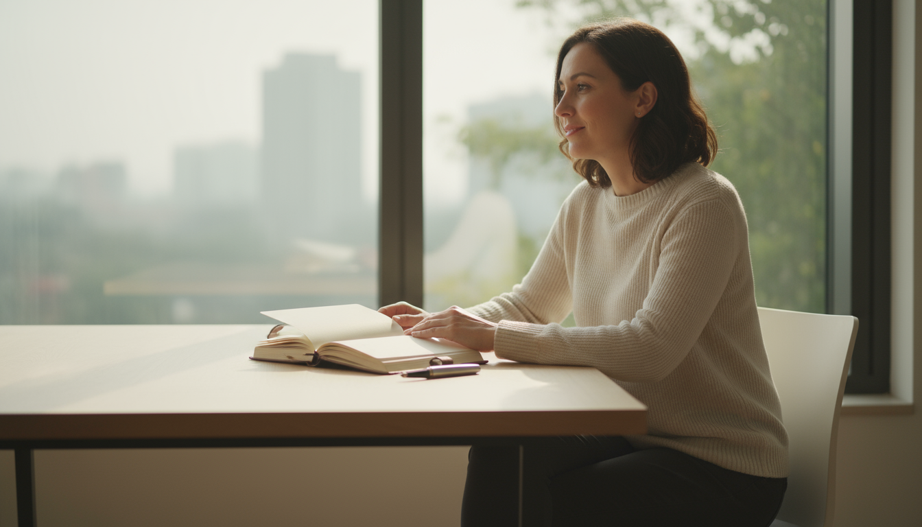 Person sitting at a minimalist desk in soft morning light, writing in a small notebook next to a half-empty glass of water.