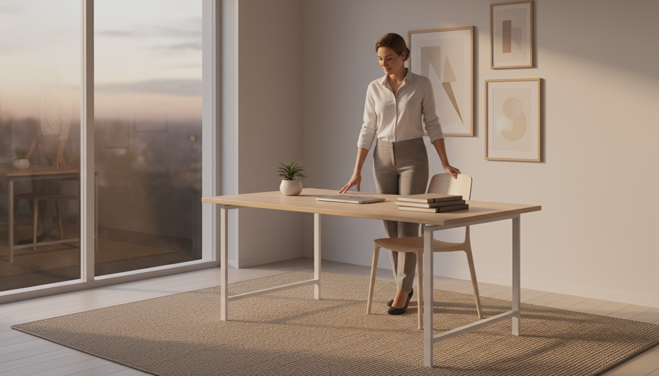 A professional's hands rest calmly on a minimalist planner while placing a phone face down on a clean, light wood desk in a quiet home office.