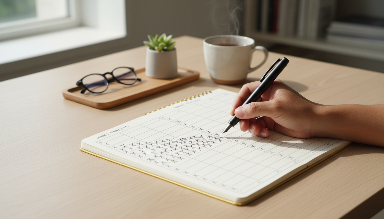 A relaxed hand with a pen resting beside an open habit tracker notebook showing a long, consistent streak on a clean, minimalist desk.