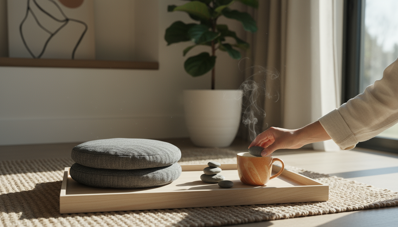 A knowledge worker's hand marks a physical habit tracker, showing a resumed meditation habit after a single missed day on an organized desk.