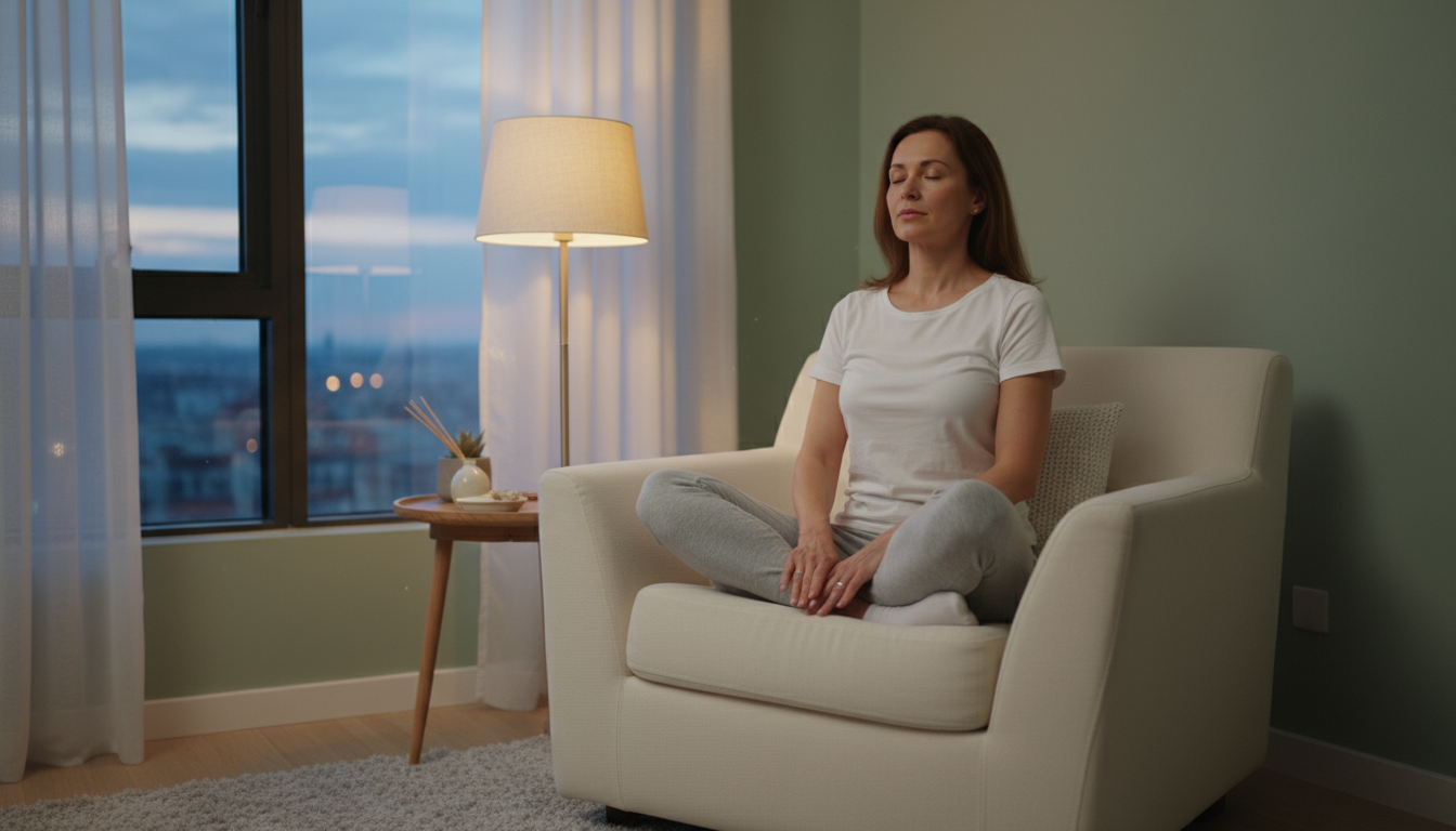 A person's hands rest gently on a light oak desk near an open planner and a succulent, conveying a moment of self-compassion and reset.
